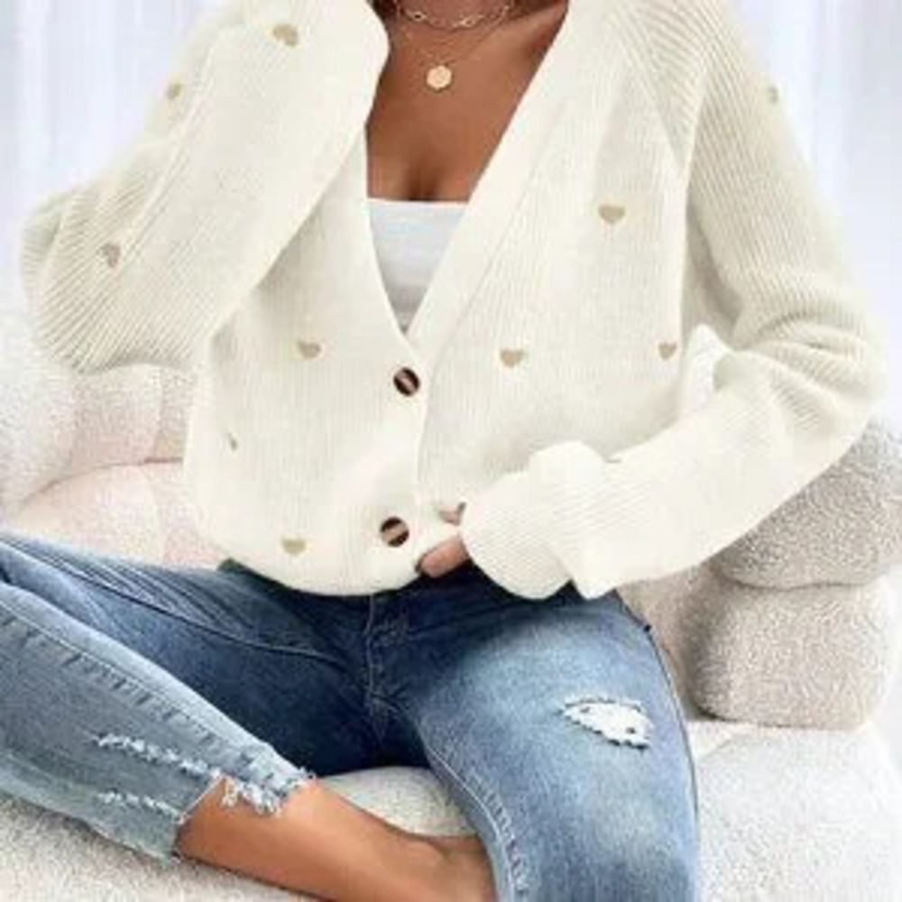 ZARA White Casual Women's Cardigan With Heart Embroidery